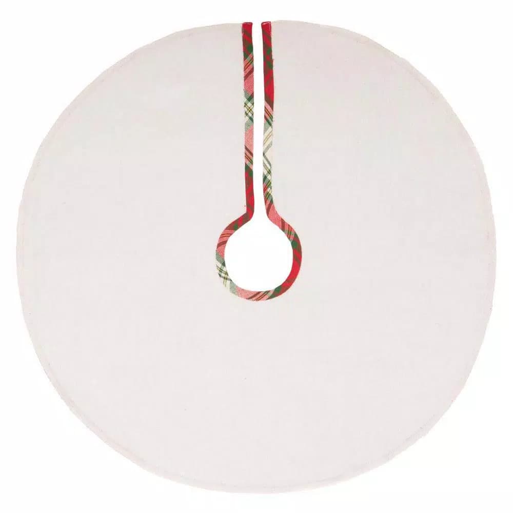 VHC Brands 21 in. HO Holiday Cherry Red Plaid Cotton Christmas Tree Skirt with Gold Embroidery