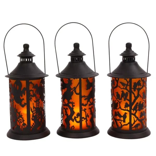 Gerson Set of 3 Halloween Metal Themed Lanterns with LED Flameless Candles, 14.17 in.