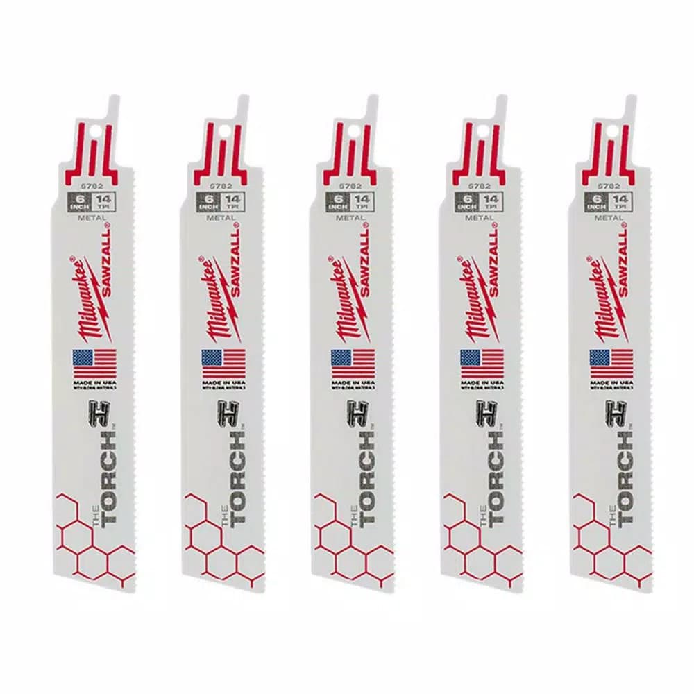 Milwaukee TORCH 6 in. 14 TPI Metal Cutting Reciprocating Saw Blades, Bi-Metal, 5-Pack