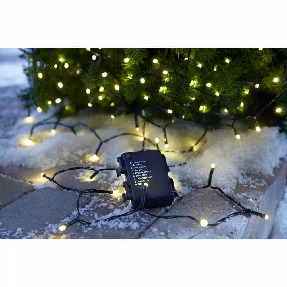 Home Accents Holiday 26 ft. 100-Light White LED Battery-Operated String Lights with Timer, 8 Functions