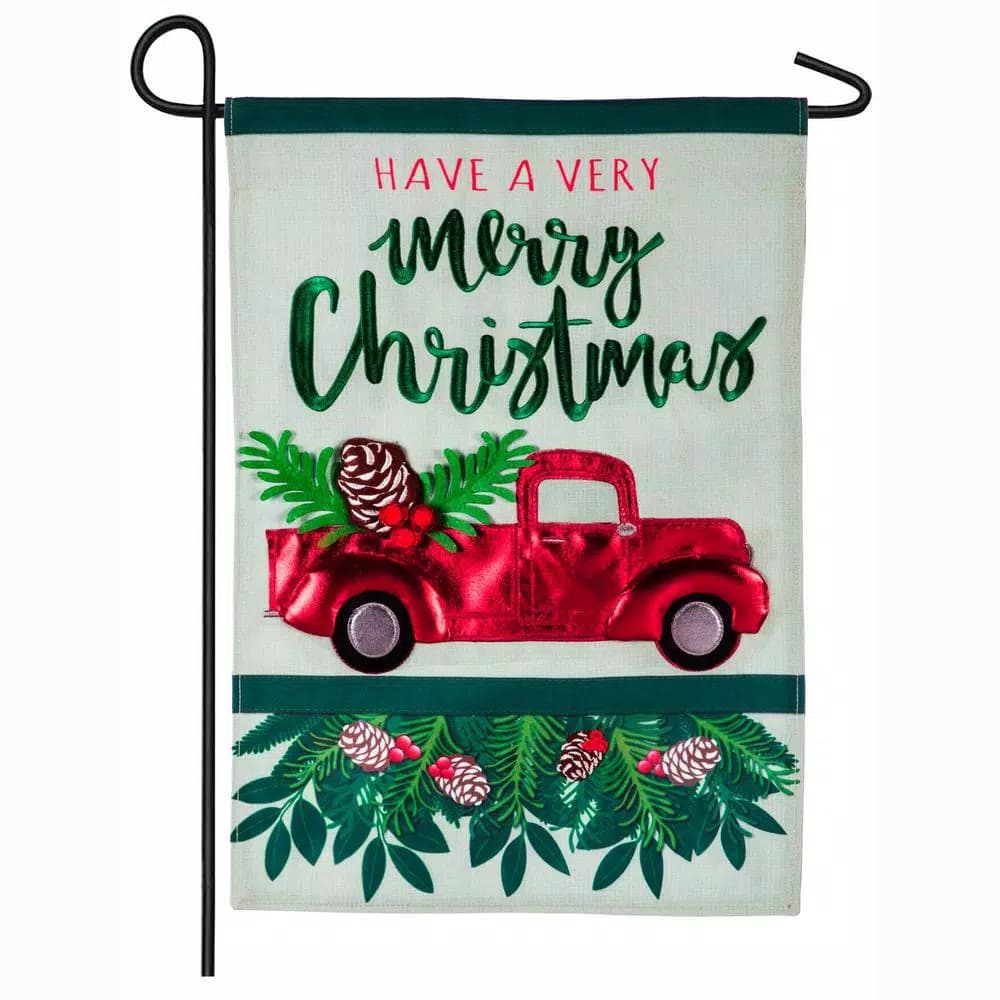 Evergreen Holiday Red Truck Garden Linen Flag - 18 in. x 12.5 in. Double-Sided Christmas Decor