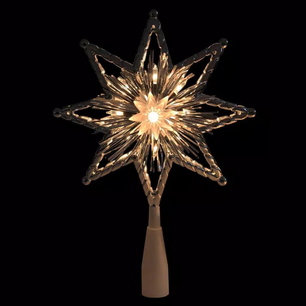 Northlight 8 in. Retro Silver Tinsel 8-Point Star Christmas Tree Topper with Clear Lights