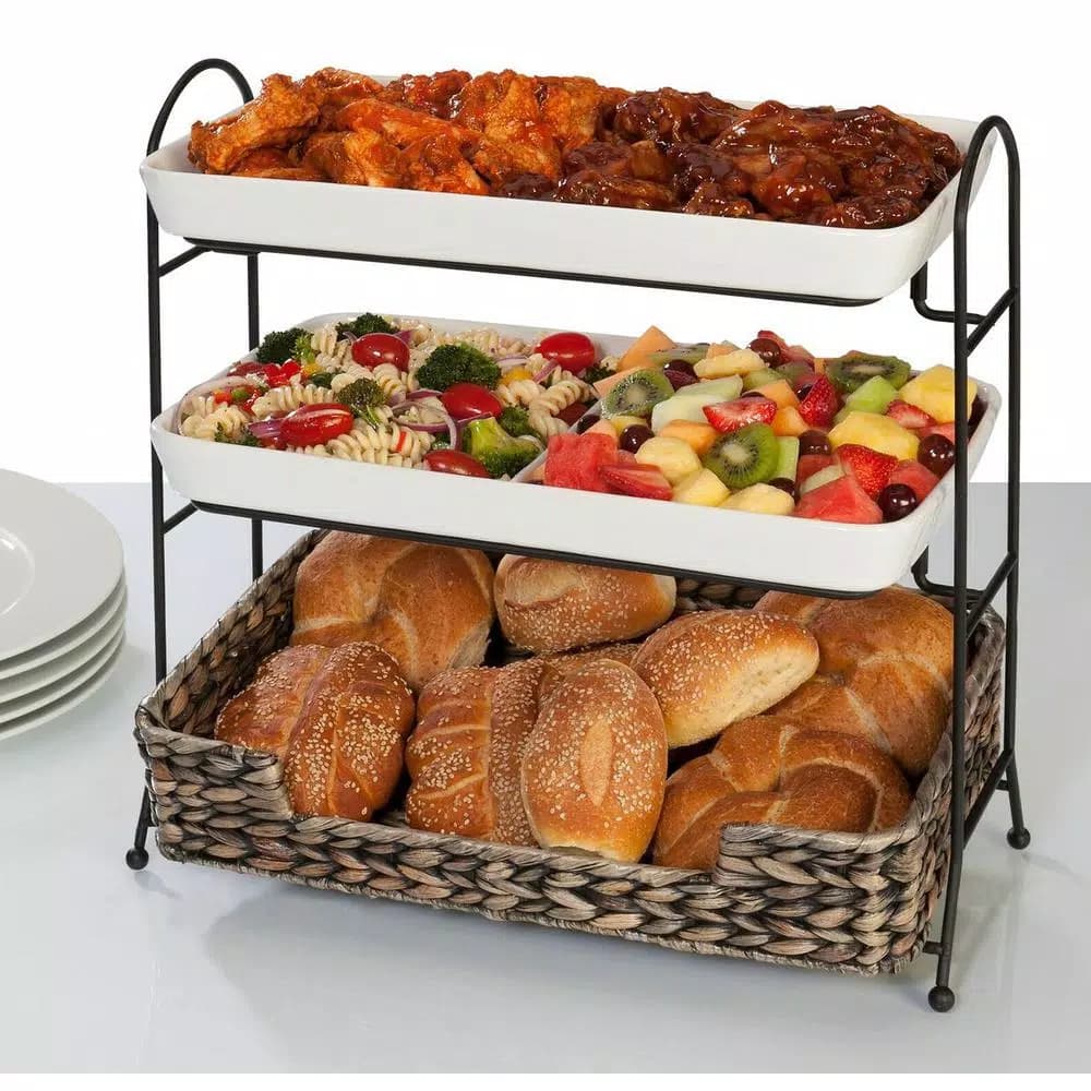 Unbranded CreativeWare Island Breeze 3-Tier Buffet Server Set with Ceramic Platters and Water Hyacinth Basket