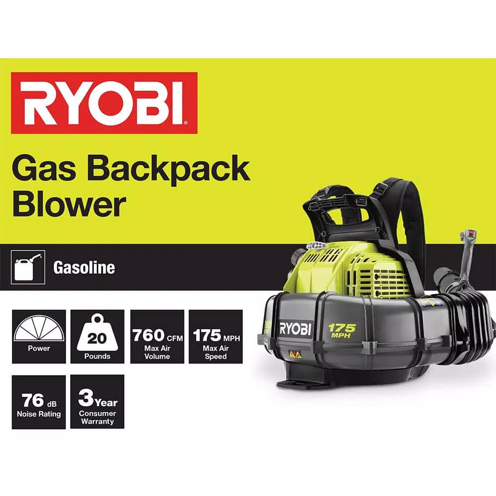 RYOBI 38cc Gas Backpack Leaf Blower, 760 CFM, 175 MPH, 2-Cycle