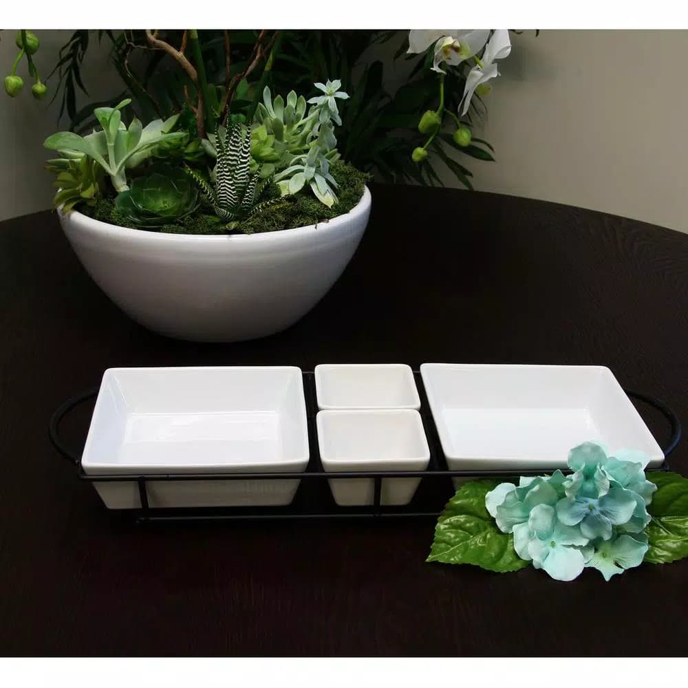 Gibson Gracious Dining 5-Piece White Porcelain Serving Set with Metal Rack