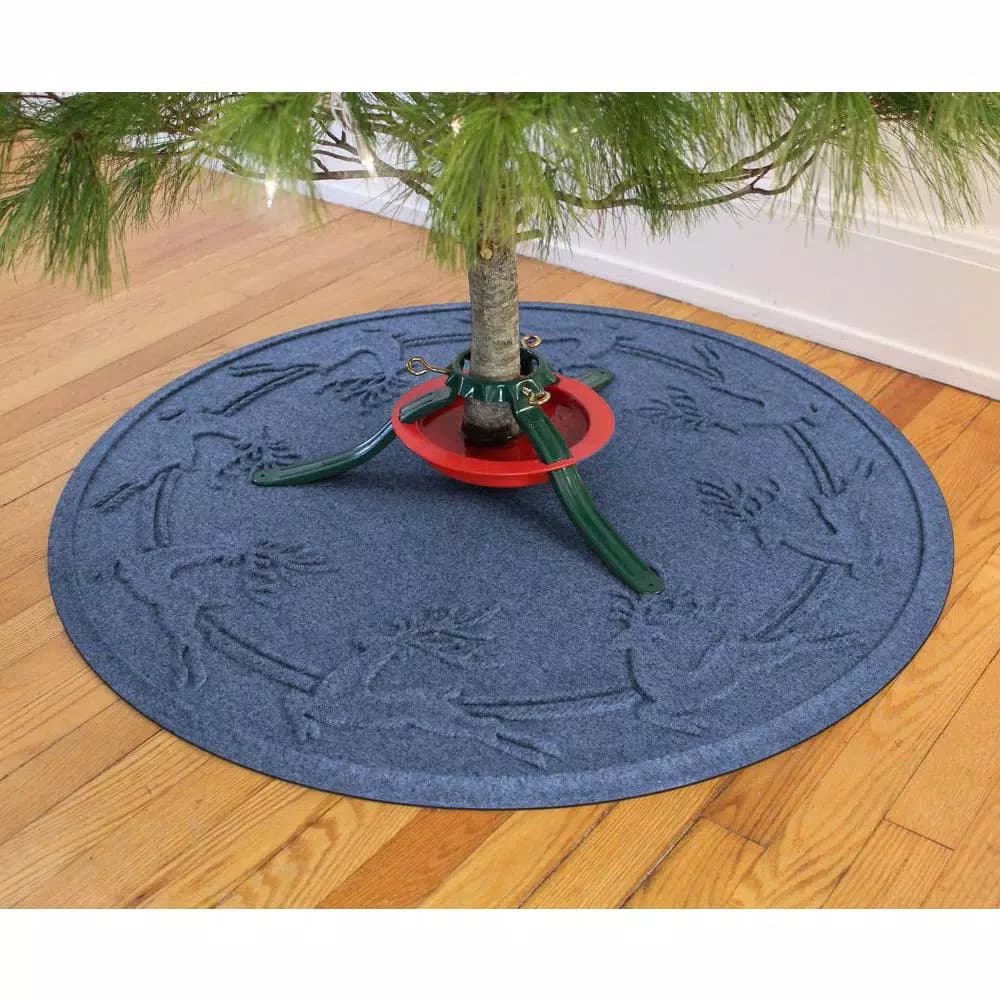 Bungalow Flooring Aqua Shield WaterHog 35 in. Round Reindeer Run Christmas Tree Mat, Navy Blue