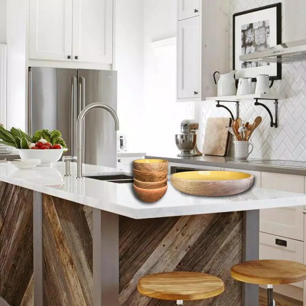 Kauri Design Large Mango Wood Fruit Bowl - Olive Green & Rustic Wood Decorative Serving Bowl