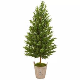 Nearly Natural 5-Ft. Artificial Olive Cone Topiary Tree in Farmhouse Wood Planter thumbnail 1