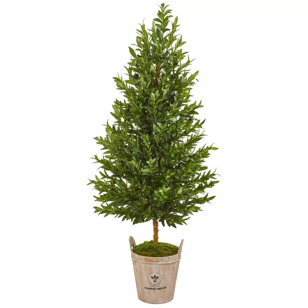 Nearly Natural 5-Ft. Artificial Olive Cone Topiary Tree in Farmhouse Wood Planter
