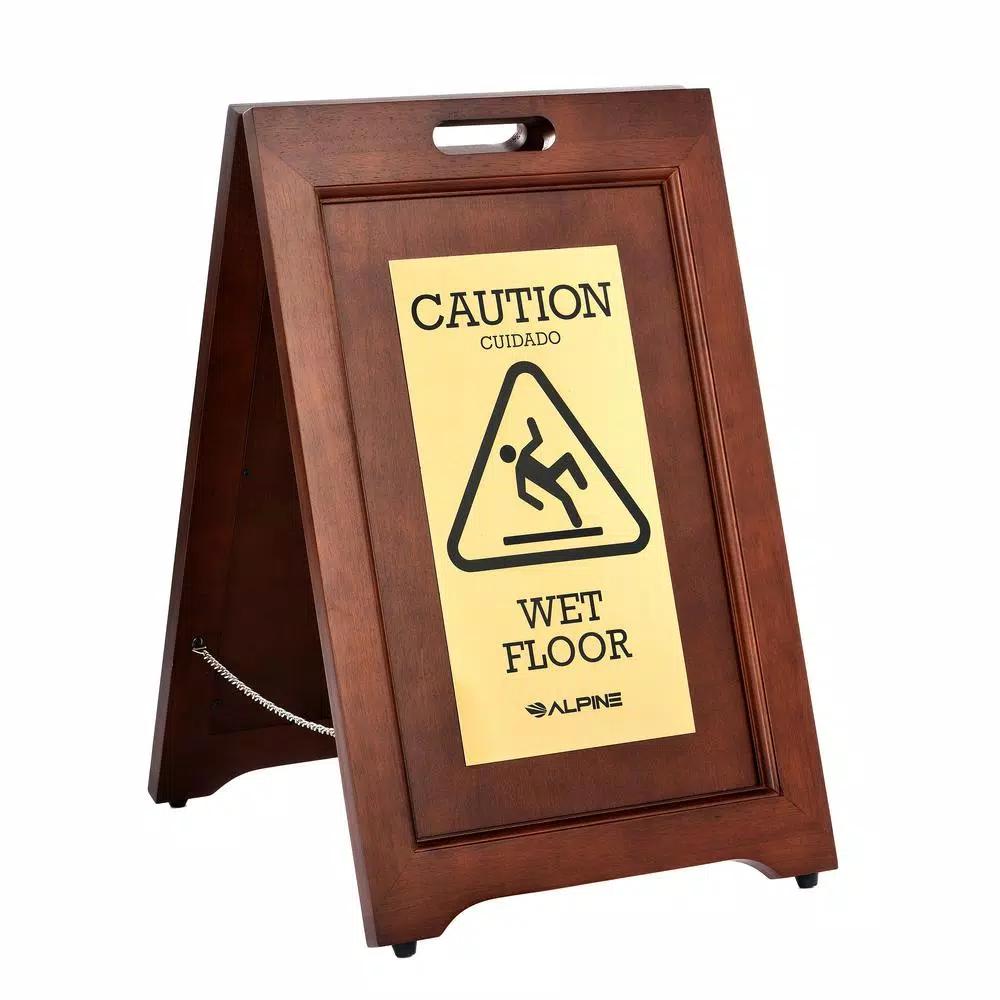 Alpine Industries 24 in. 2-Sided Brass Plated Wooden Bilingual Wet Floor Sign