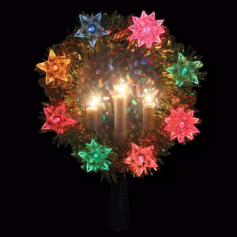 Northlight 7 in. Gold Tinsel Wreath Christmas Tree Topper with Lighted Candles and Multi-Color Star Lights