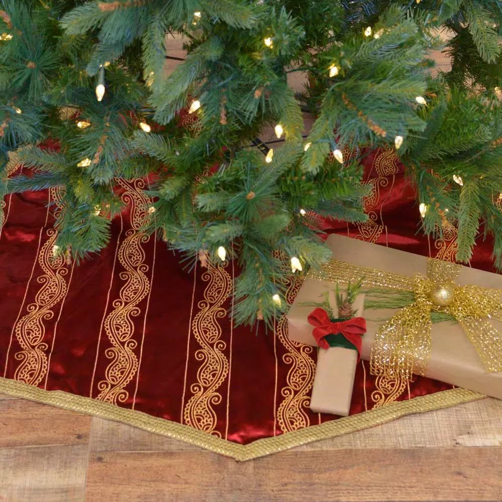VHC Brands 55 in. Yule Christmas Red Glam Decor Tree Skirt with Gold Embroidered Paisley