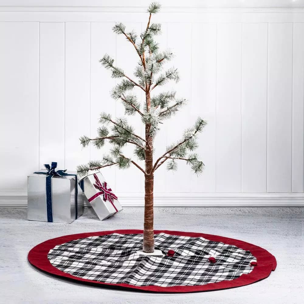 Glitzhome 48 in. Black and White Plaid Fabric Christmas Tree Skirt with Red Trim
