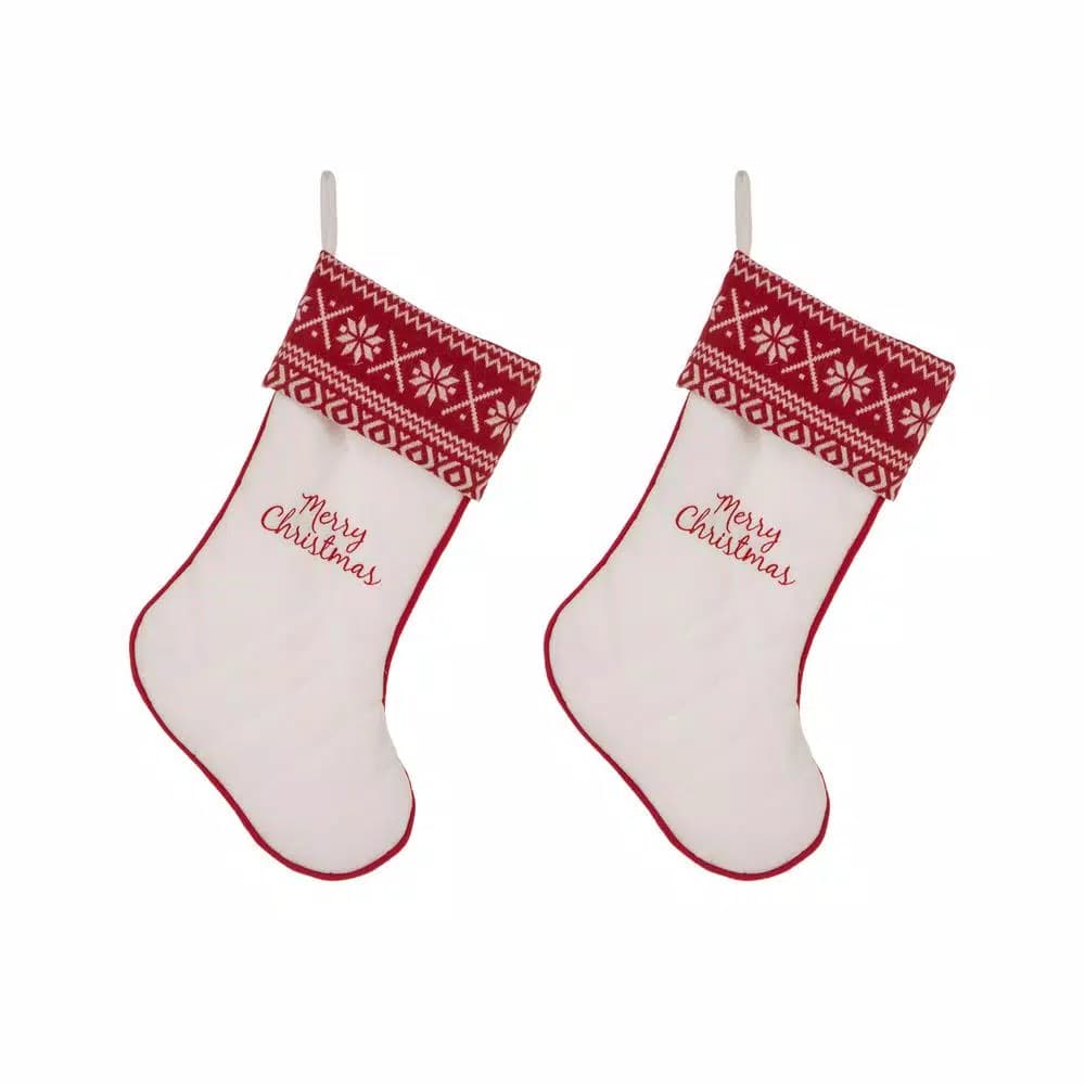 Glitzhome 21 in. White Fleece Polyester Christmas Stocking Decor (2-Pack)