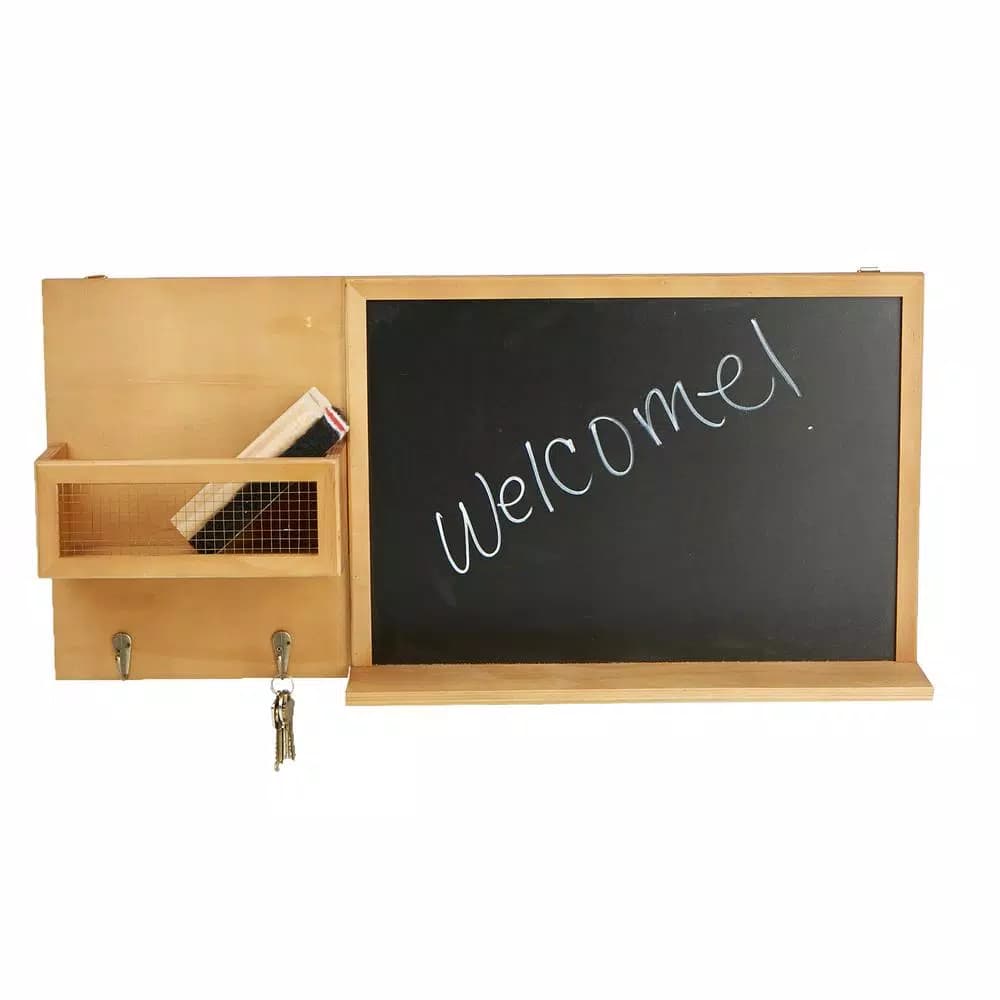 Mind Reader Brown Wall Mount Chalkboard Memo Board with Storage Hooks