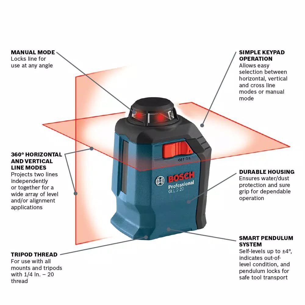 Bosch Factory Reconditioned GLL 2-20 S 360° Horizontal Cross Line Laser Level Kit, 65 ft.