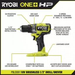 RYOBI 18V ONE+ HP Brushless 2-Tool Combo Kit: 1/2 in. Drill/Driver and 1/4 in. Impact Driver with (2) 2.0 Ah Batteries thumbnail 3