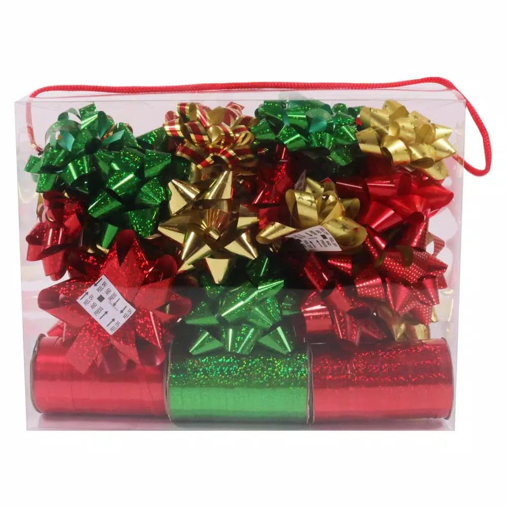 Santaland Designs Plus 36-Piece Metallic Gift Bow and Curling Ribbon Set - Red and Silver