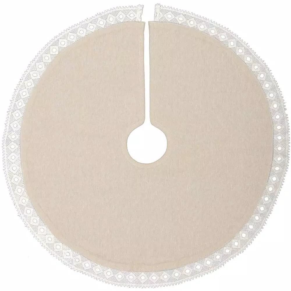 VHC Brands 21 in. Grey Margot Farmhouse Christmas Tree Skirt with Diamond Cut Lace
