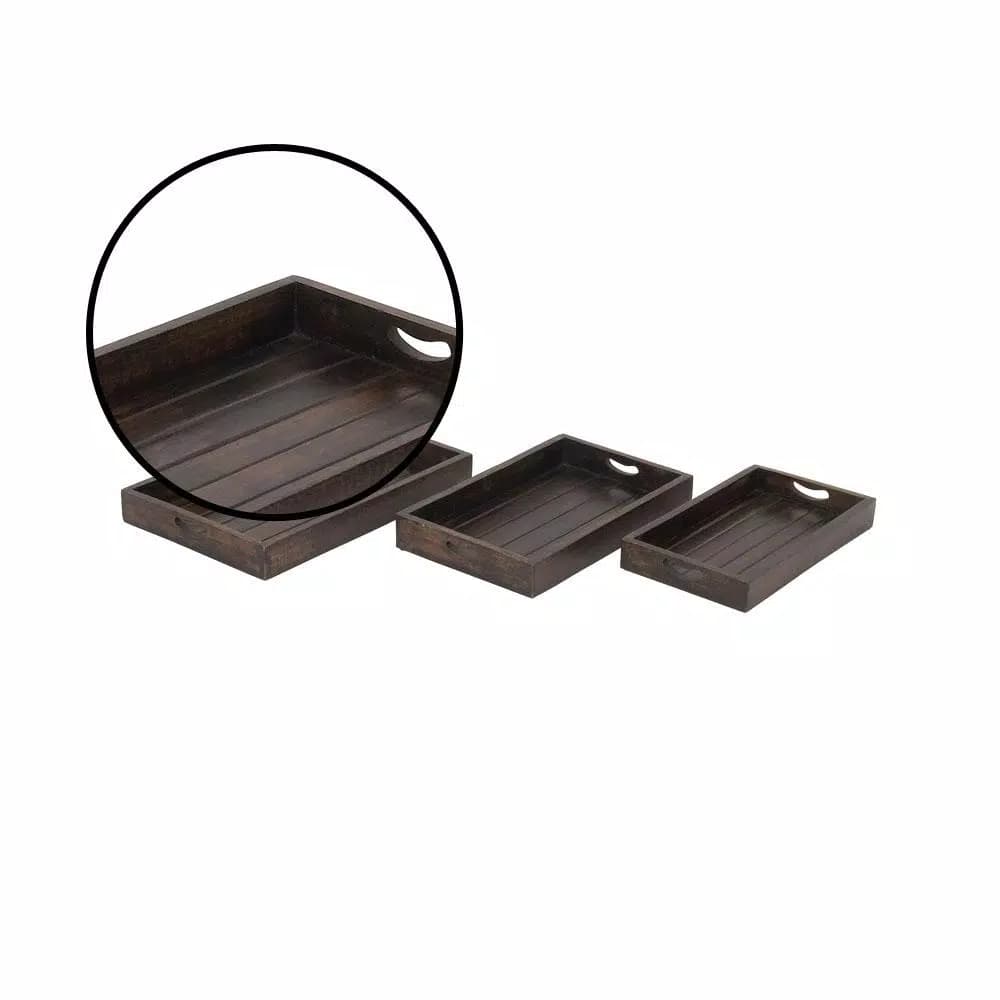 LITTON LANE Farmhouse Mahogany Mango Wood Slat Decorative Tray Set, Set of 3