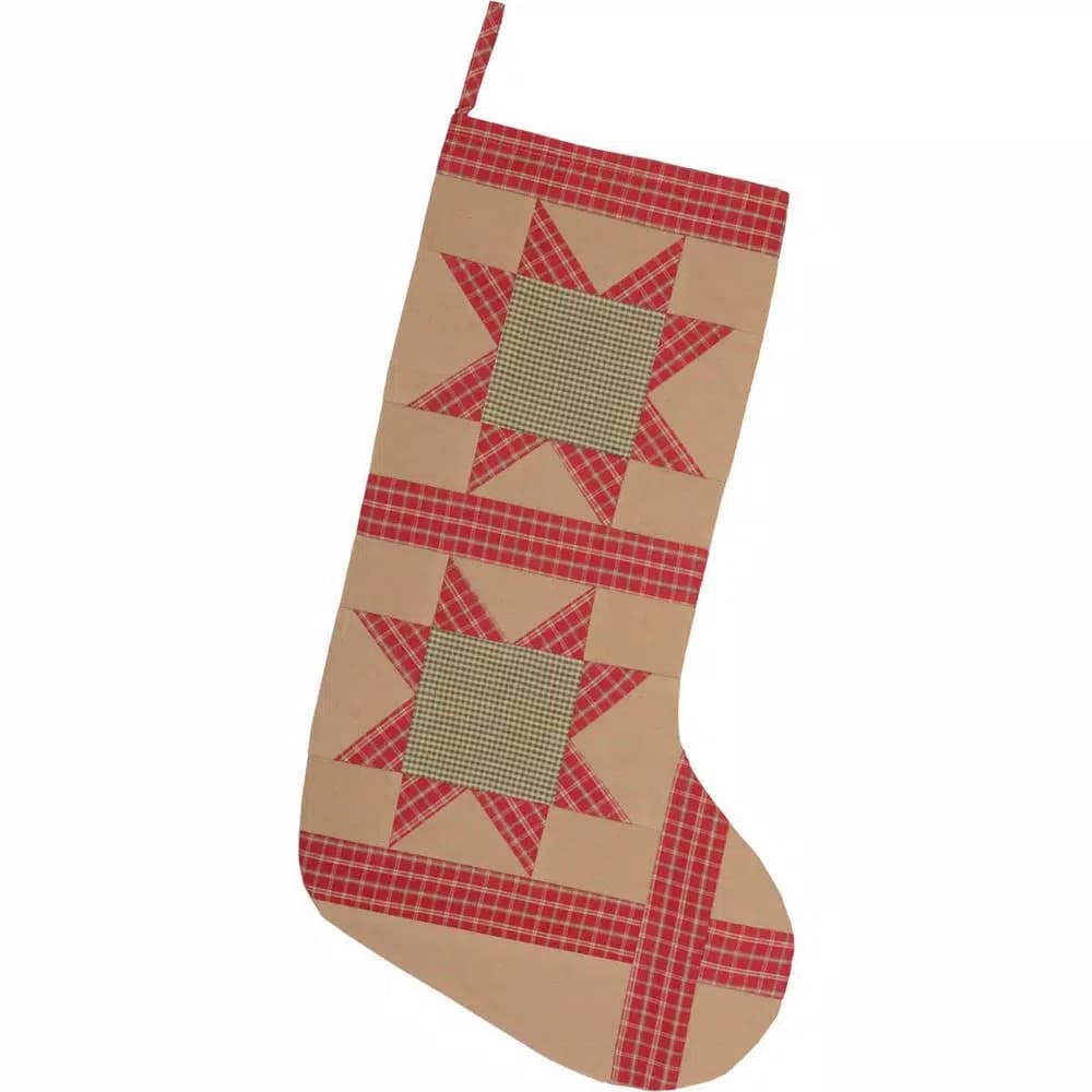 VHC Brands 20 in. Cotton Tan Dolly Star Primitive Christmas Patchwork Stocking
