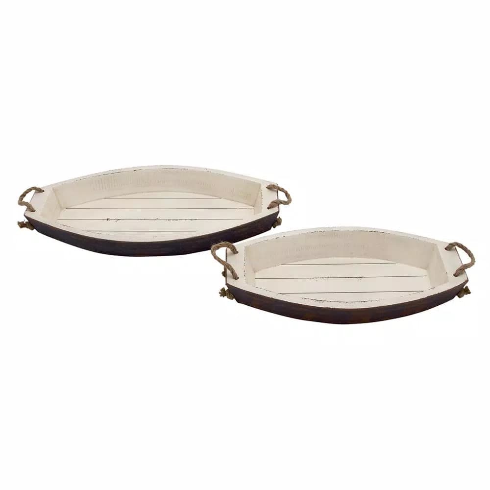 LITTON LANE Coastal Distressed Wood Boat-Shaped Decorative Trays, Set of 2
