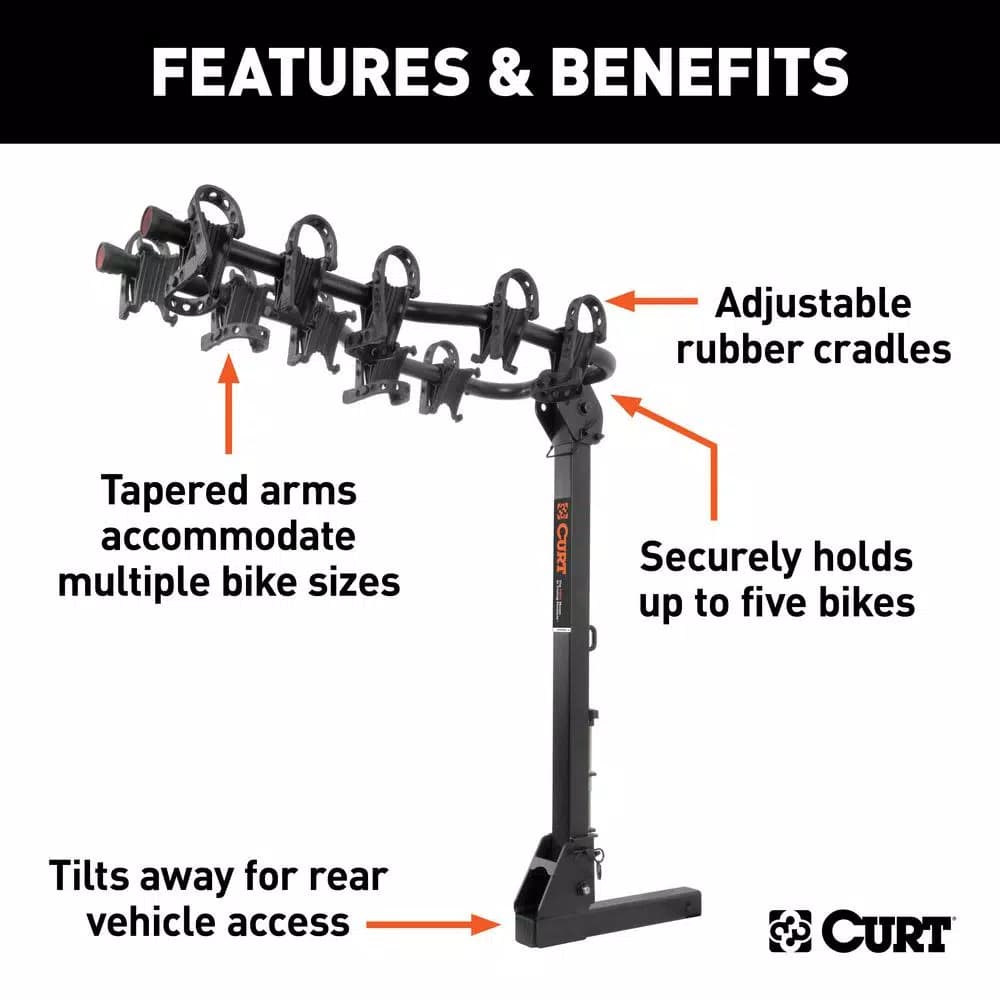 CURT Premium 5-Bike Hitch Mounted Bike Rack, 2-inch Receiver, 225 lb Capacity
