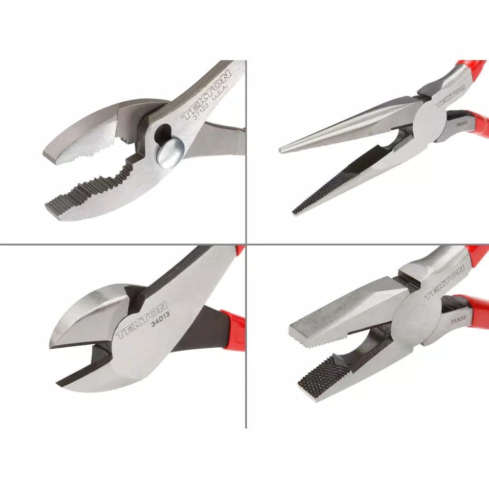TEKTON 4-Piece Plier Set: Slip Joint, Diagonal, Lineman's, and Long Nose Pliers