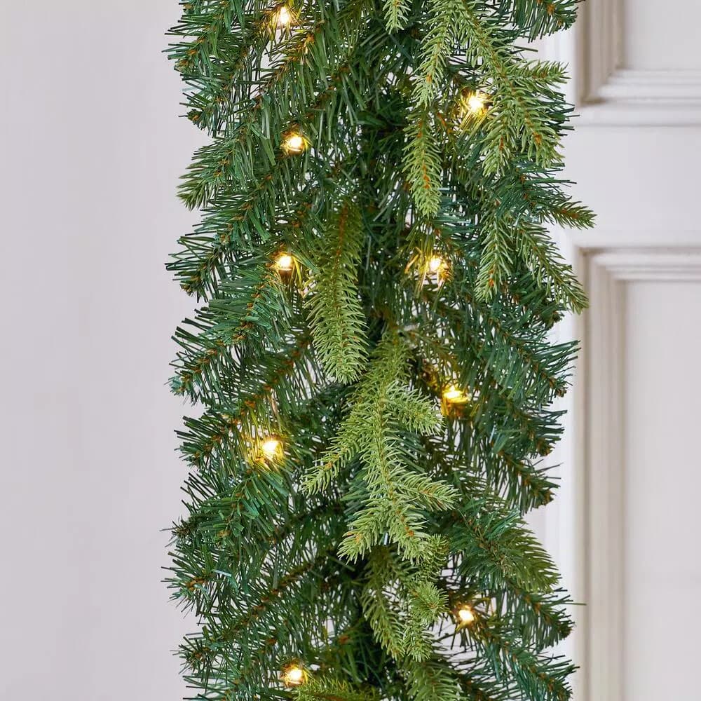 Home Accents Holiday 12 ft. Noble Fir Pre-Lit LED Christmas Garland with Timer, Warm White Micro Dot Lights