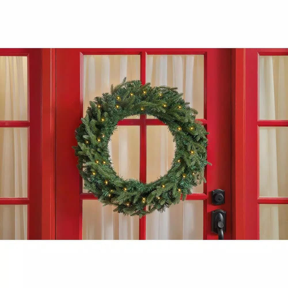 Home Accents Holiday 30 in. Mayfield Pre-Lit LED Artificial Balsam Fir Christmas Wreath with 35 Warm White Micro Dot Lights