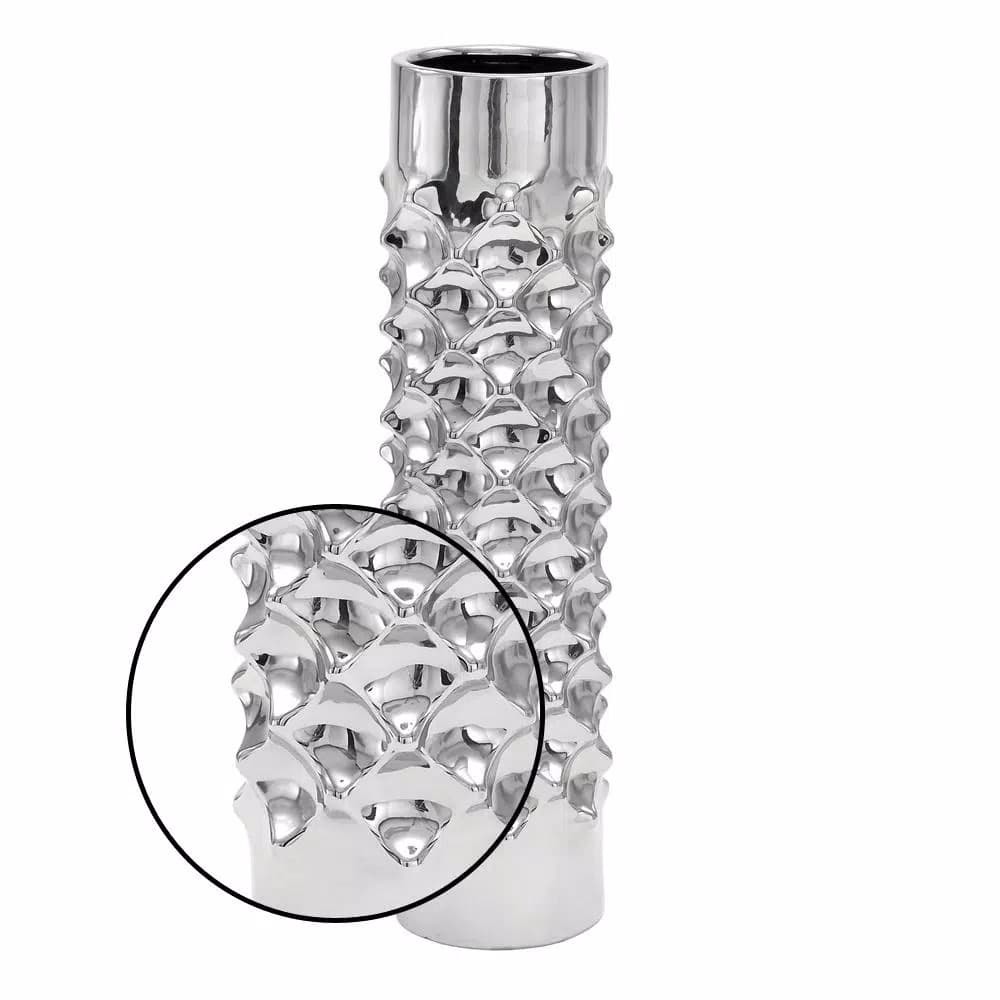 LITTON LANE Modern Reflections 23 in. Silver Ceramic Tower Vase with Ridged Details