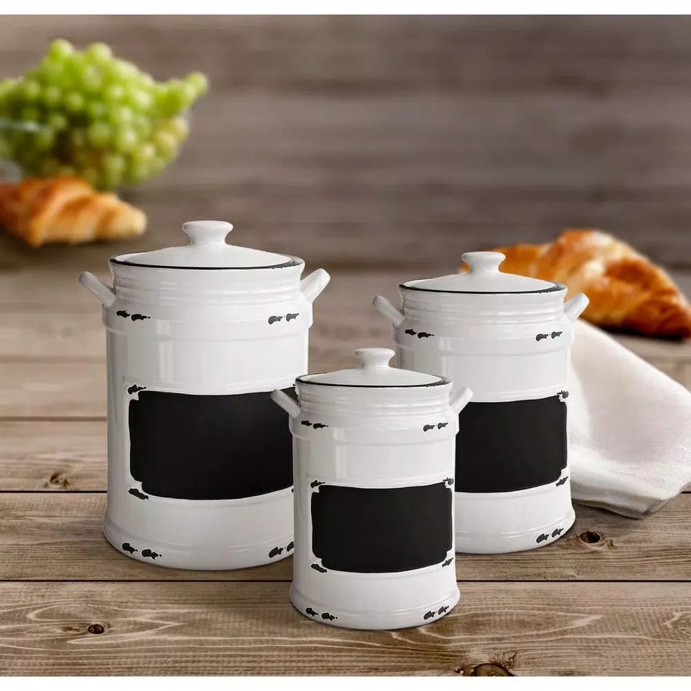 American Atelier Vintage 3-Piece Ceramic Canister Set with Lids - White/Black