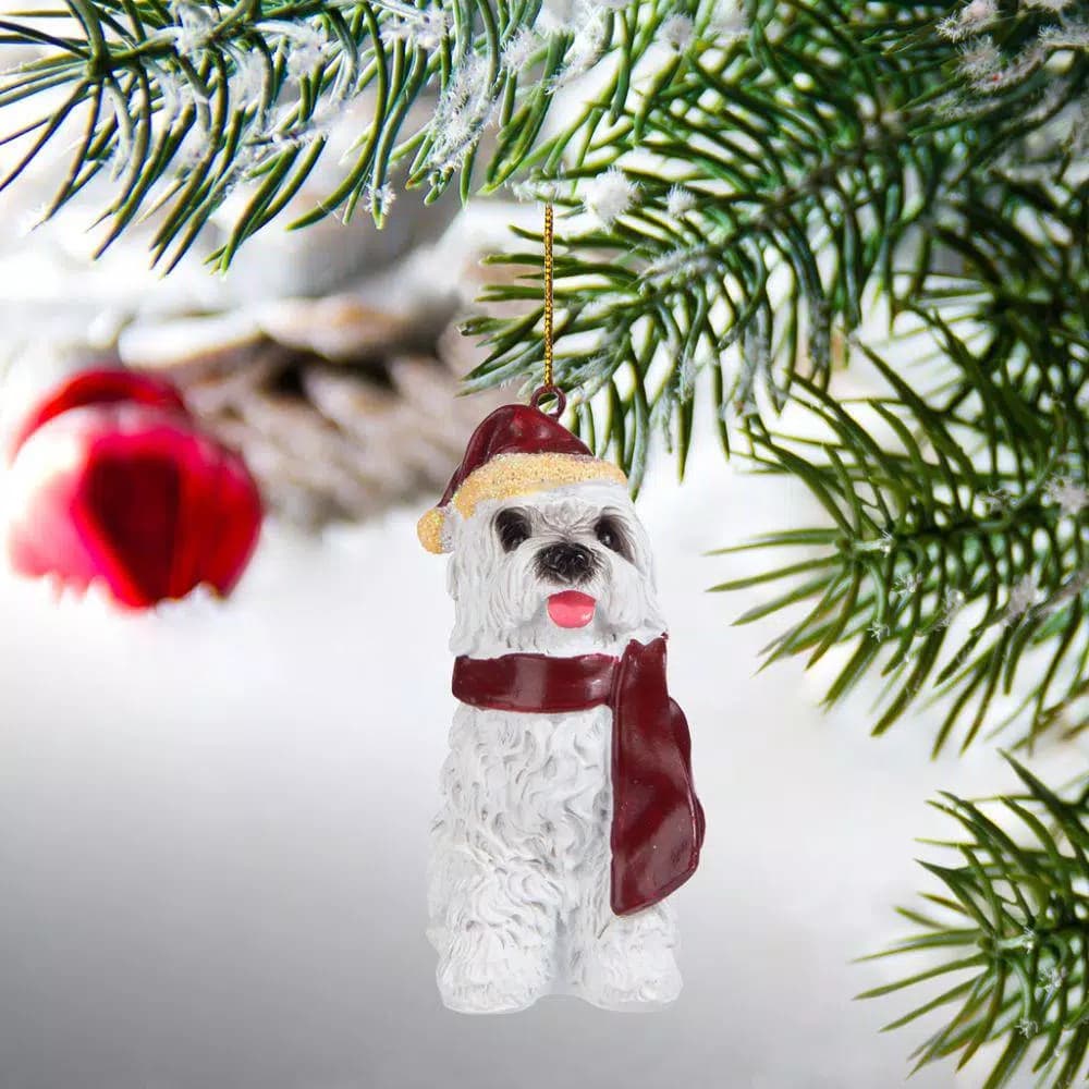 Design Toscano Maltese Dog Holiday Ornament Sculpture with Santa Hat and Red Scarf