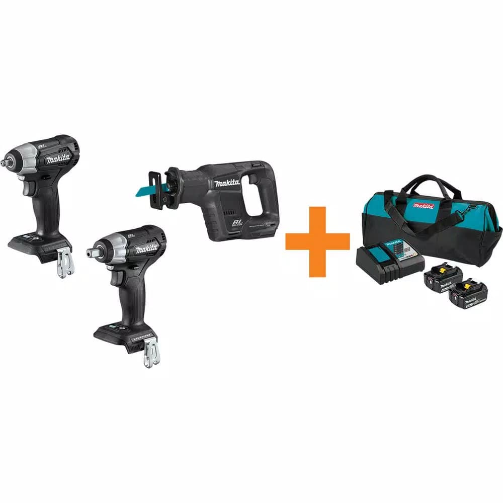 Makita 18V LXT Sub-Compact Brushless Tool Kit: Reciprocating Saw, 3/8 in. & 1/2 in. Impact Wrenches with 5.0 Ah Battery