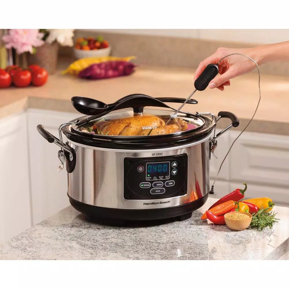 Hamilton Beach 6 Qt. Stainless Steel Programmable Slow Cooker with Temperature Probe