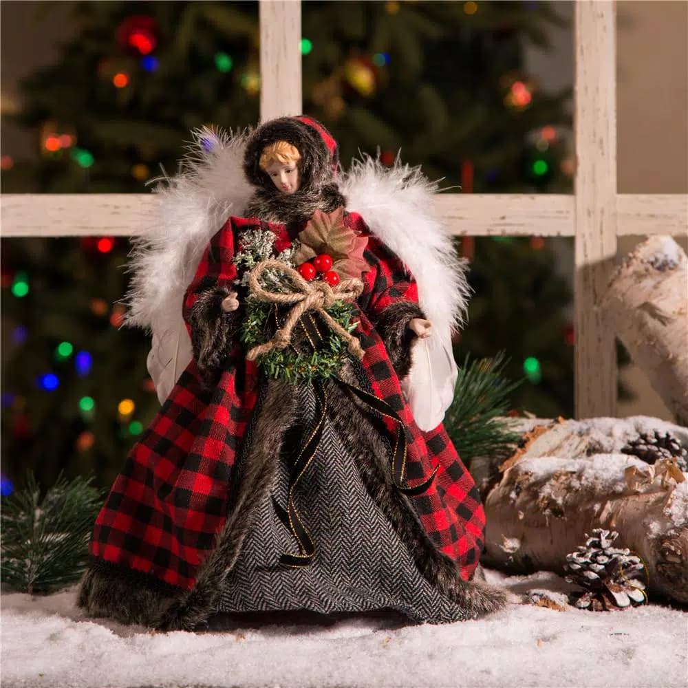 Glitzhome 12 in. Plaid Angel Christmas Tree Topper Figurine Decoration
