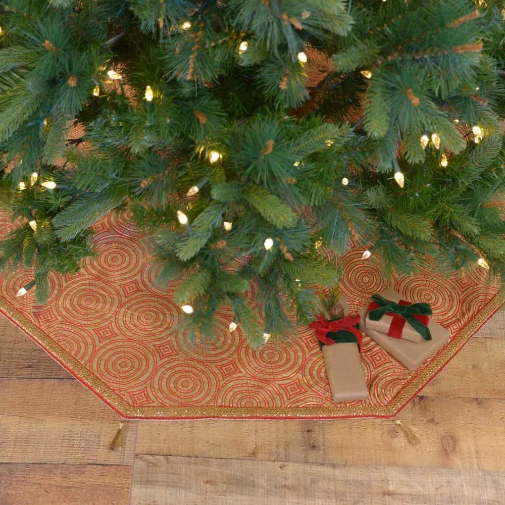 VHC Brands Soleil 48 in. Candy Apple Red & Bronze Jacquard Christmas Tree Skirt with Gold Tassels