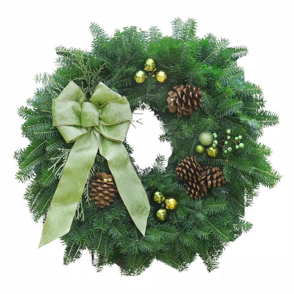 Unbranded 25 in. Live Balsam Fir Christmas Wreath with Green Bow and Gold Accents