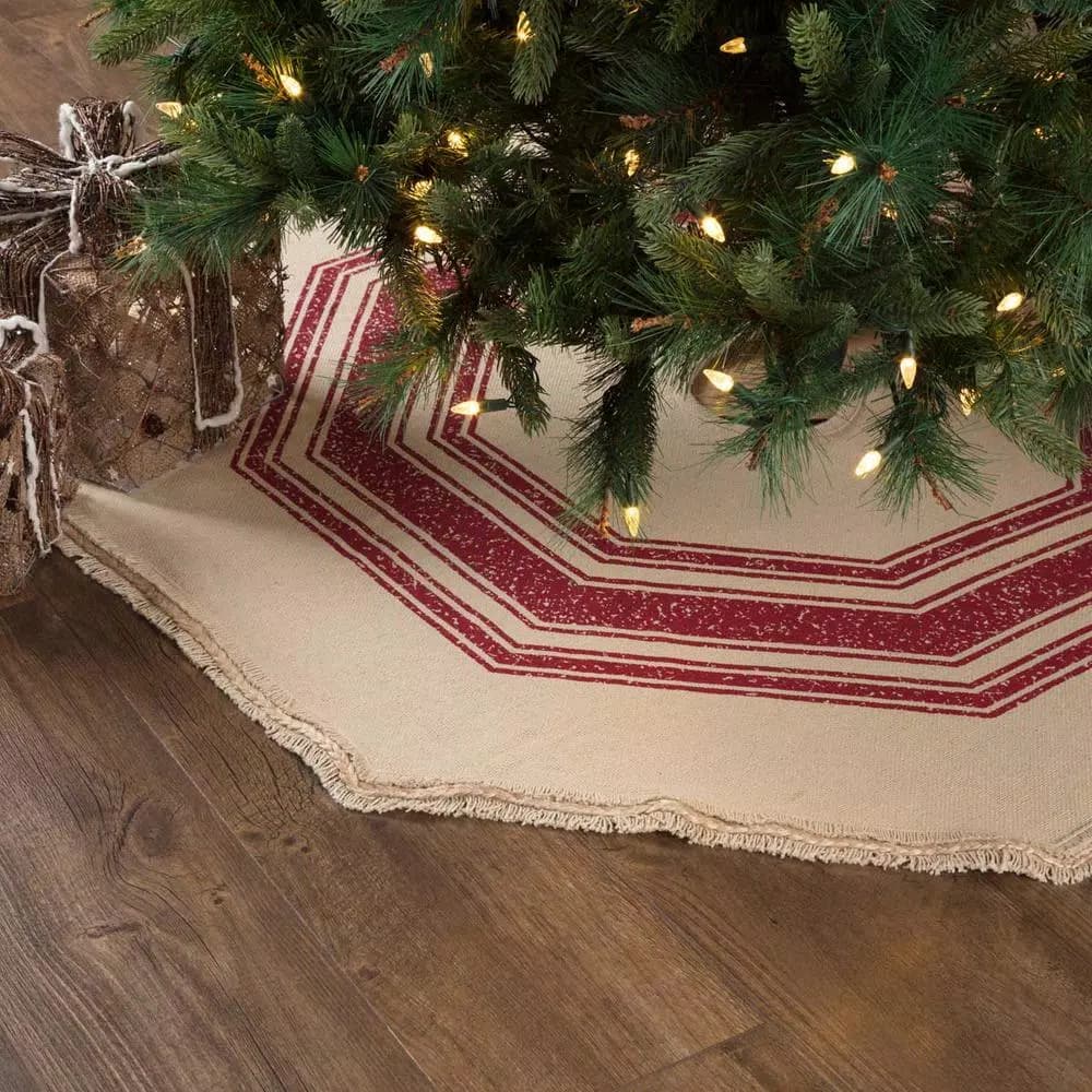VHC Brands 48 in. Red Vintage Burlap Stripe Farmhouse Christmas Tree Skirt