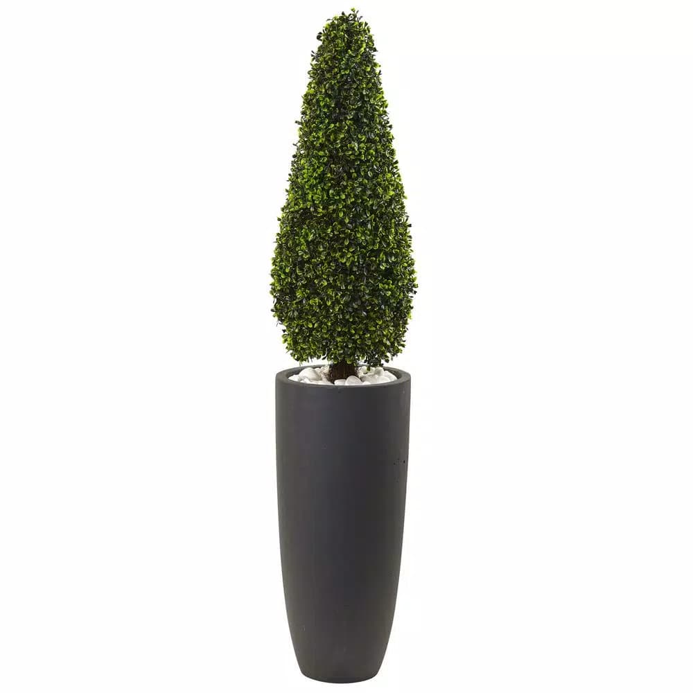 Nearly Natural 50 in. Artificial Boxwood Cone Topiary with Gray Cylindrical Planter, UV Resistant Indoor/Outdoor