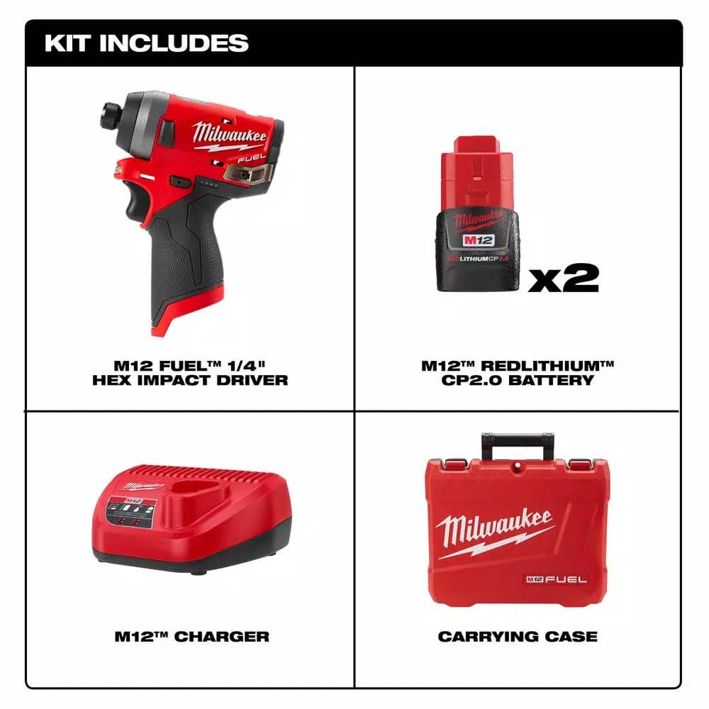 Milwaukee M12 FUEL 12V Lithium-Ion Brushless 1/4 in. Hex Impact Driver Kit with Two 2.0Ah Batteries, Charger & Hard Case