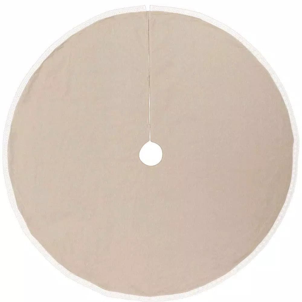 VHC Brands 55 in. Red Margot Farmhouse Christmas Tree Skirt with Diamond Lace and Creme Chambray