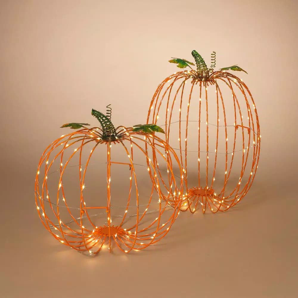 Gerson 13.58 in. Assorted Pre-Lit Metal Standing Pumpkins Decor, Set of 2