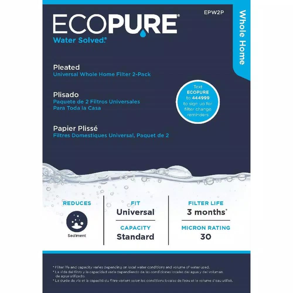 EcoPure Universal Fit Pleated Whole House Water Filter 2-Pack, 30 Micron