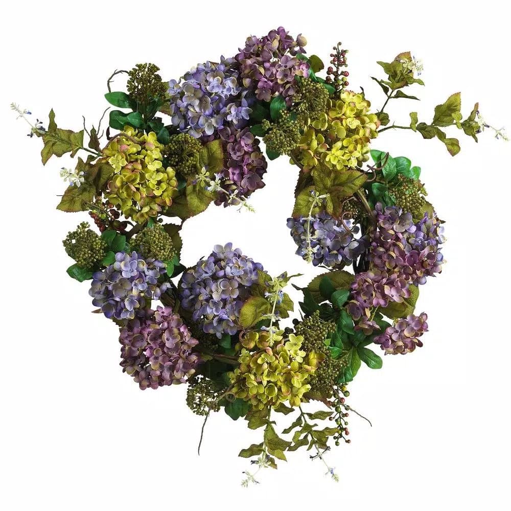 Nearly Natural 24 in. Mixed Hydrangea Silk Flower Wreath, Multi-Colored