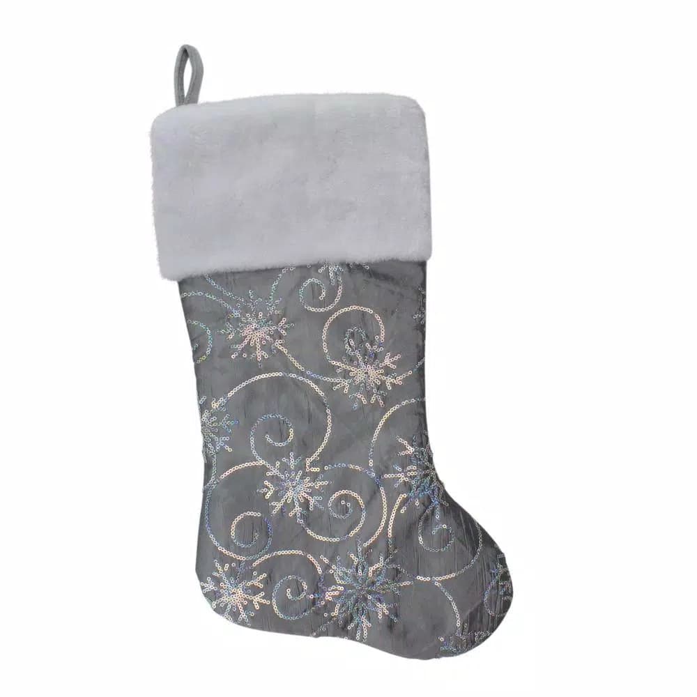 Northlight 22 in. Silver Metallic Sequined Christmas Stocking with White Faux Fur Cuff
