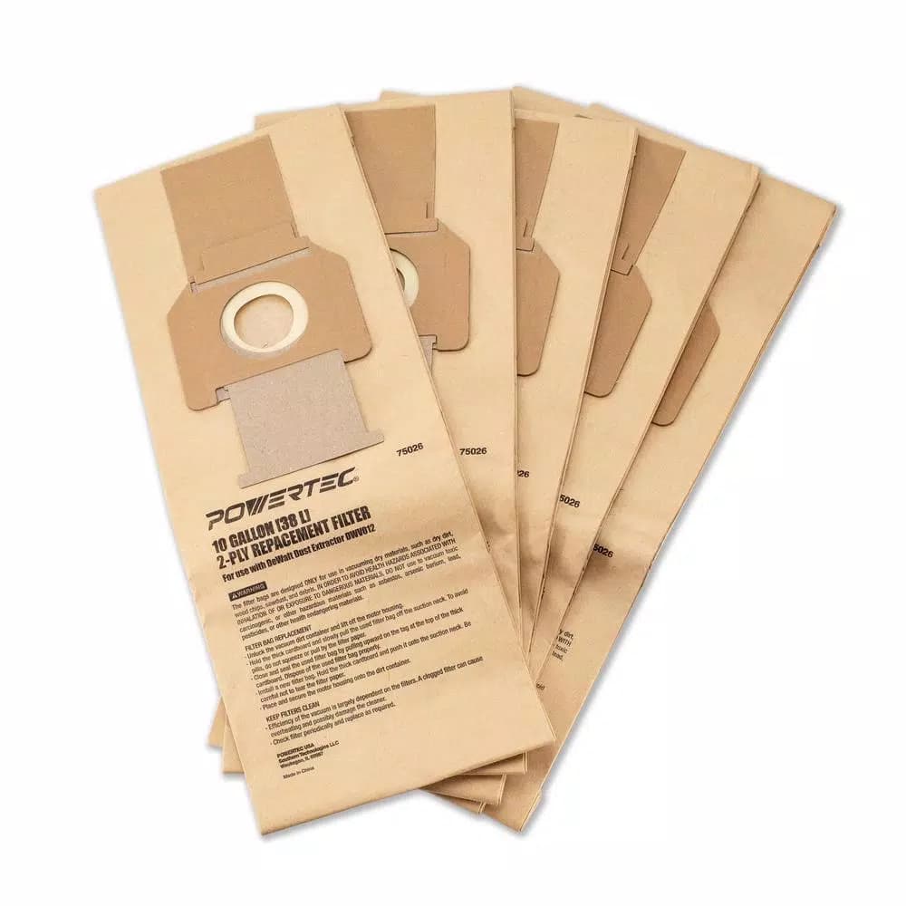 POWERTEC 10 Gal. High Efficiency Replacement Filter Bags for DeWalt DWV012 DWV9401 Dust Extractors (5-Pack)