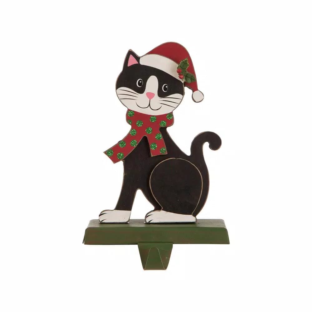 Glitzhome 7.76 in. Wooden Metal Cat Christmas Stocking Holder