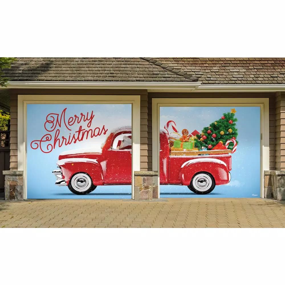 My Door Decor 7 ft. x 8 ft. Red Truck Christmas Garage Door Mural Banner