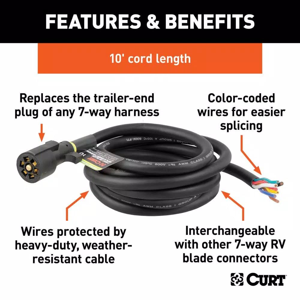 CURT 10' 7-Way RV Blade Replacement Harness, Trailer Side Connector